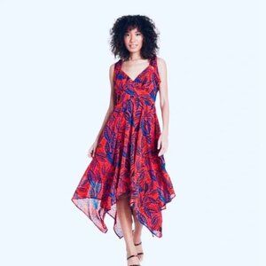 Alexis Shell Boho Dress, Red and Blue, Adjustable ties strap, Leaves Print
